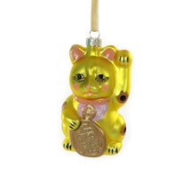 Lucky Cat Ornament 4.5&quot; Glass Christmas Cute Yellow Maneki Neko Beckoning Kitty - £17.27 GBP
