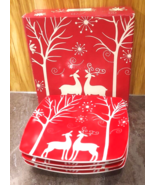 Set of 4 Living Quarters Reindeer Plates 8” Square Red White Trees Snowf... - €12,88 EUR
