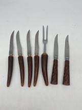 7 Vtg Faux Antler-Bakelite Serrated Steak Knives Carve Fork  Sheffield Regent - £23.48 GBP