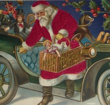 Santa Claus in Red Silk Coat W/Basket of Toys &amp; Car Antique Christmas Postcard  - £56.09 GBP