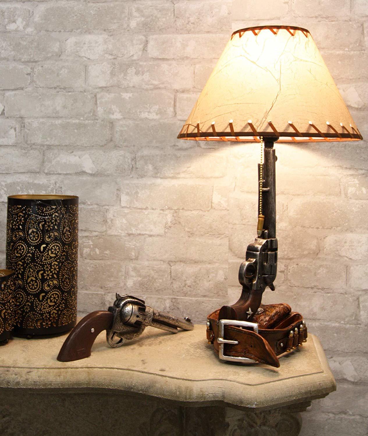 Western Six Shooter Revolver Gun With Holster & Ammo Belt Base Table Lamp Decor