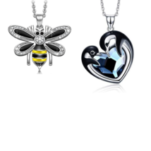 Stainless Steel Necklace + Crystal Bee &amp; Blue Heart Double Dolphin Pendant - 18&quot; - £8.69 GBP