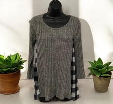 Moa Moa light Gray sweater Black White Buffalo plaid chiffon sides Tunic... - $15.03