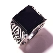 Black Onyx Square Gemstone 925Silver Overlay Handmade Oxidised Antique Ring US-9 - £13.33 GBP