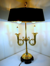Vintage 2-Arm Brass French Horn Bouillotte Style Table Lamp Metal Tole Shade 24&quot; - £158.20 GBP