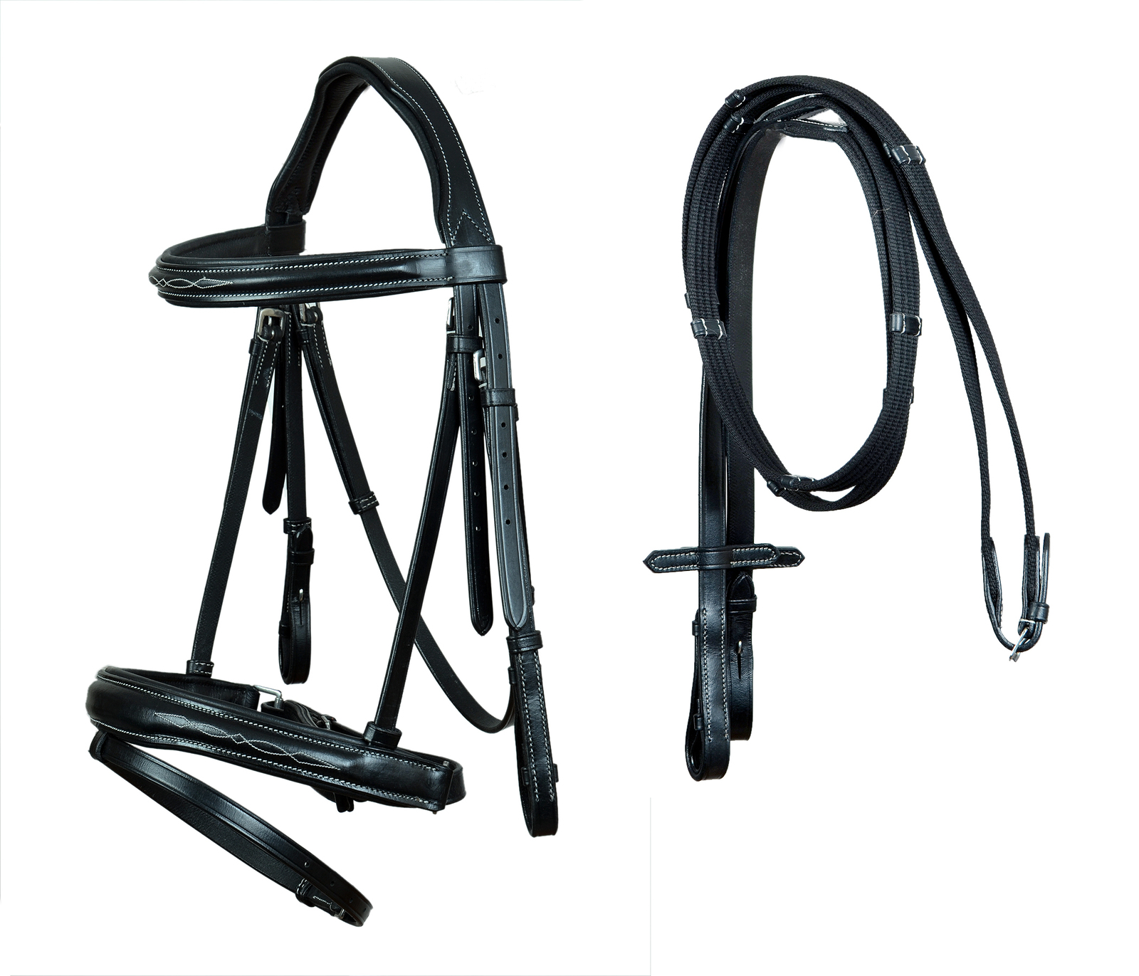 Horse Leather English Bridle Black Padded Fancy Stitch Bridle Reins 803H... - $59.39