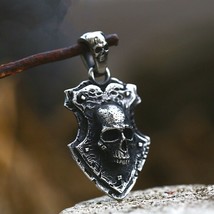 Mens Gothic Retro Skull Shield Pendant Necklace Punk Jewelry Stainless Steel 24" - £9.58 GBP