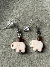 Small Cream Plastic Elephant w Tiny Amber Glass Bead Dangle Earrings or Pierced - $11.29