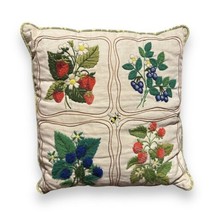 Vtg 14” Crewel Embroidered Strawberries Blackberries Berries Floral Throw Pillow - £27.30 GBP