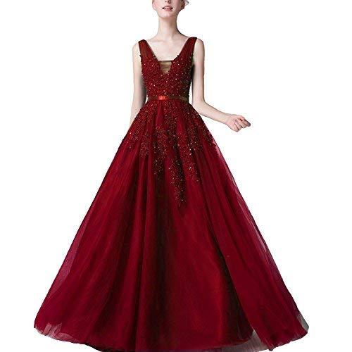 Kivary Women V Neck Sheer Beaded Long Prom Dress Formal Evening Gown Wine Red US