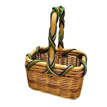 Woven Wicker Divided Basket Rattan with Wrapped Blue and Green Strands Vintage - £11.50 GBP