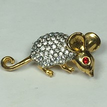 Vintage Pave Rhinestone Mouse Figural Pin Gold Tone - Red Eye - 1.5&quot; X .... - £7.86 GBP