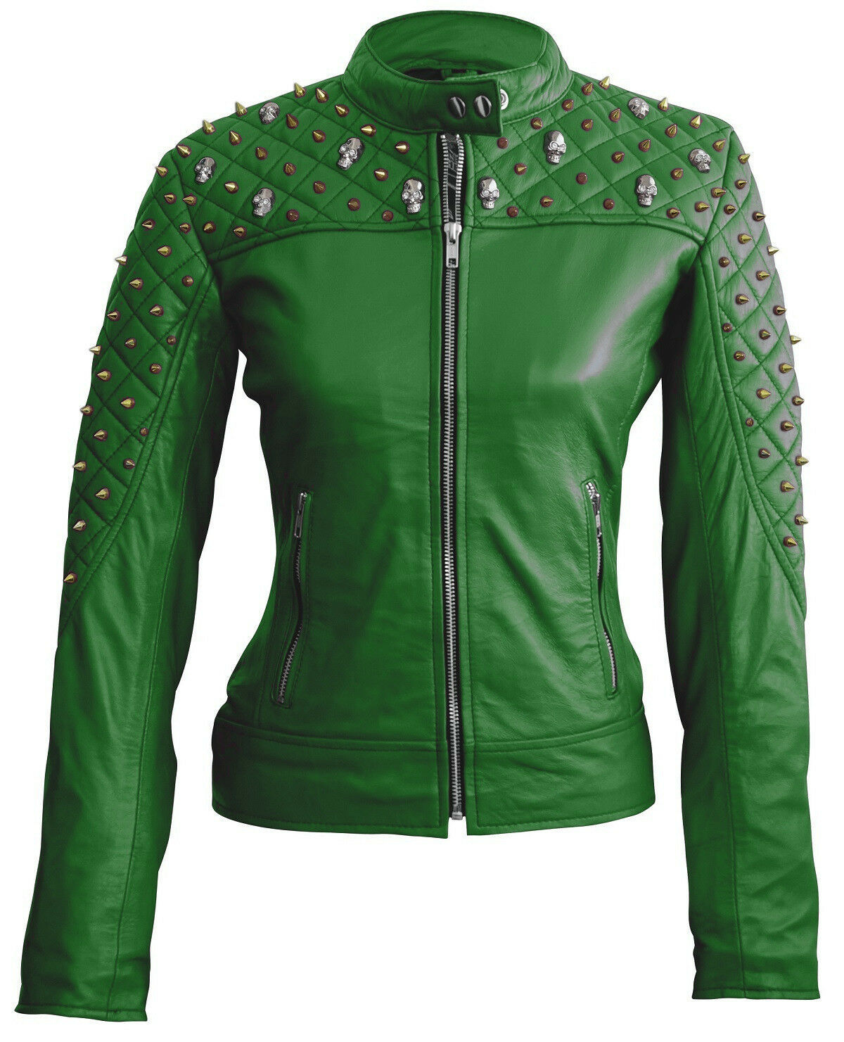 Women's Green Color Biker Magnificent Leather Gold Spike Studs Slim Fit Jacket