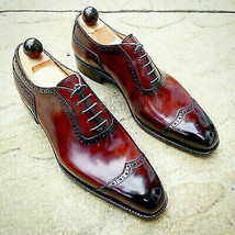 Handmade Men&#39;s Leather Oxfords Maroon Burnished Dress Wing Tip Party Shoes-274 - £194.86 GBP