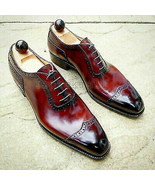 Handmade Men&#39;s Leather Oxfords Maroon Burnished Dress Wing Tip Party Sho... - £188.53 GBP