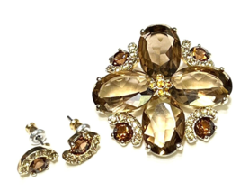 Vintage Monet Pin &amp; Earrings Set Smoky Brown Glass Topaz Rhinestones Elegant - £32.71 GBP