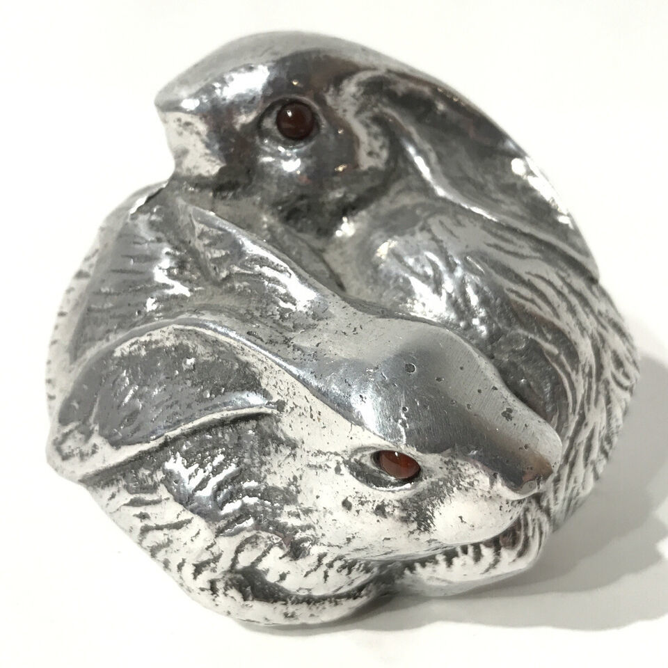 Arthur Court Aluminum Bunnies Paperweight Figurine Bunny Rabbits Red Eyes 3.5" - $42.08