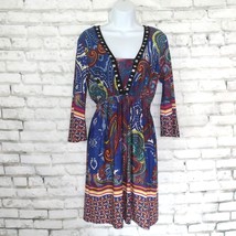 White Mark Dress Womens Medium Blue Red Geometric Paisley Studded V Neck... - £16.85 GBP