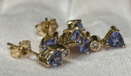 14K Yellow Gold Diamond Earrings Tanzenite Color Stones 3.12g Fine Jewelry - £189.85 GBP