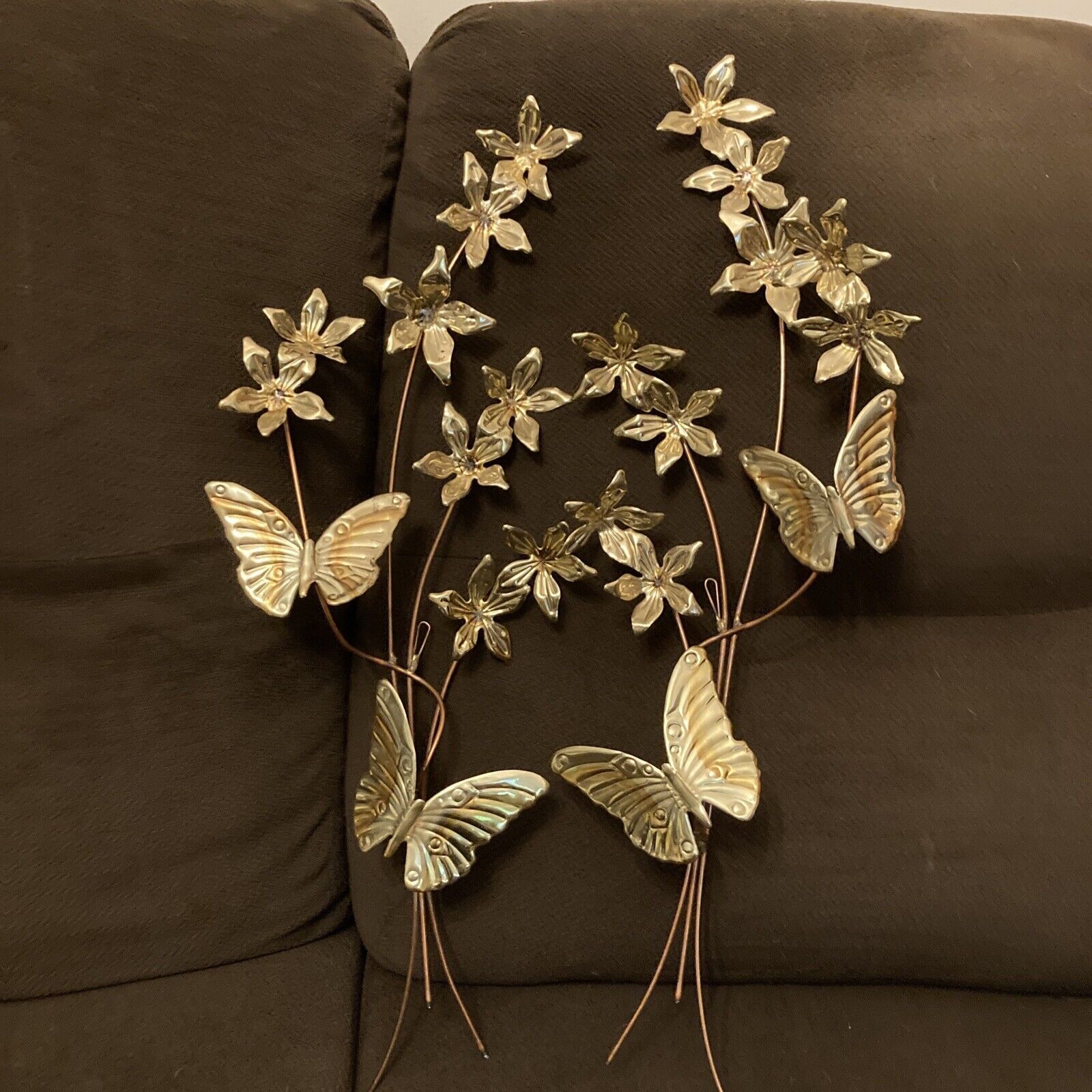 Primary image for 2 Vintage Wall Hanging Butterflies & Flowers Brass Copper Metal Art Sculptures