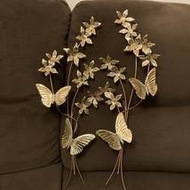 2 Vintage Wall Hanging Butterflies &amp; Flowers Brass Copper Metal Art Sculptures - £19.55 GBP