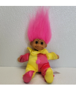 Vintage Russ Berrie Troll Pink Yellow Clown Jester Plush Doll Pink Hair - $7.71