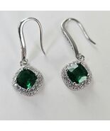 Emerald Halo Earrings, Square Green CZ Drop &amp; Dangle - $16.82