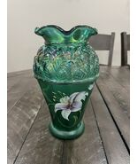 Vrg FENTON Designer Series Vase Emerald Green Iridescent Purple Lily Signed - €127,51 EUR