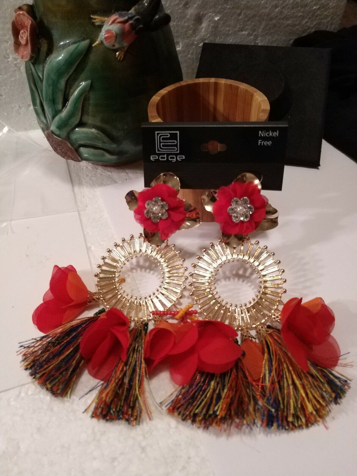 Tassel Earrings Long Gold 3 Tiers Flowers w/Rhinestones Circles w Fringe Fashion - $9.89