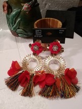 Tassel Earrings Long Gold 3 Tiers Flowers w/Rhinestones Circles w Fringe... - $9.89
