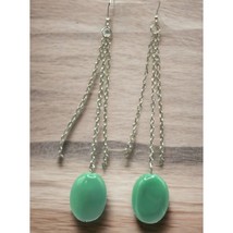 Vintage Mint Green Dangle Earrings Silver Tone Chain Long Oval Retro 80s - £8.28 GBP