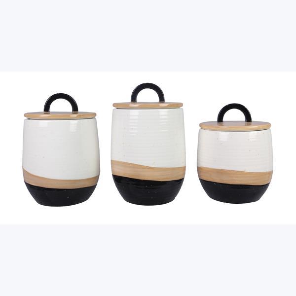 3 piece ceramic canister set black and white contemporary country - $119.88
