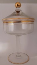 Vintage Clear Glass Pedestal Candy Dish With Lid and Bud Vase Gold Trim  - $21.59