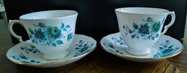 (2) Queen Anne Bone China TeaCup and Saucer Blue Flowers with Gold Trim -England - £16.50 GBP