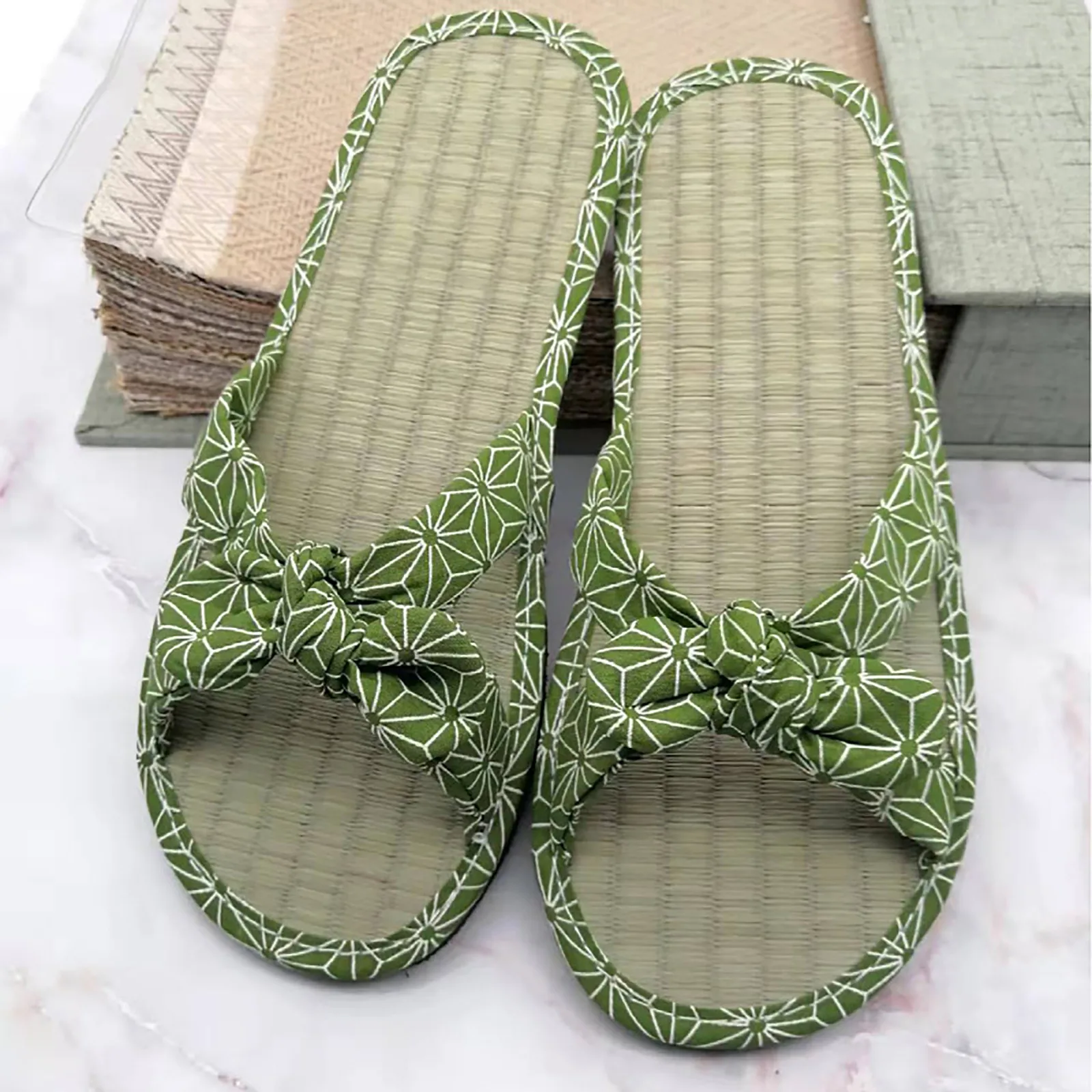 R newest ladies straw mat slippers bow rattan grass home slippers fashion open toe flat thumb200