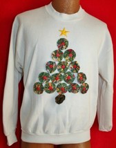 Vintage 90s CHRISTMAS TREE Button Art UGLY Christmas Sweater SWEATSHIRT M - £15.56 GBP