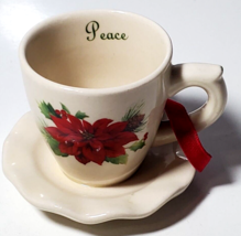 Miniature Teacup/Saucer Christmas Ornament Poinsettia Peace Ceramic Doll House - £6.99 GBP