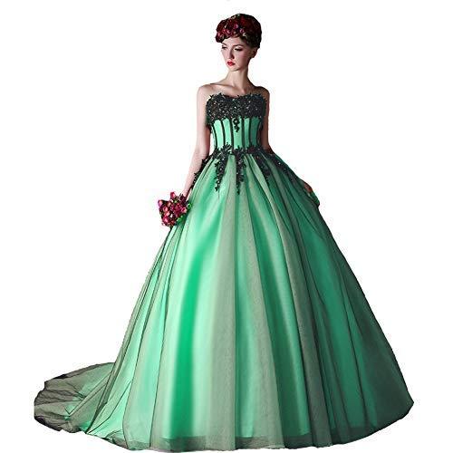 Kivary Black Tulle Beaded Lace Long Formal Gothic Prom Wedding Dress Mint Green
