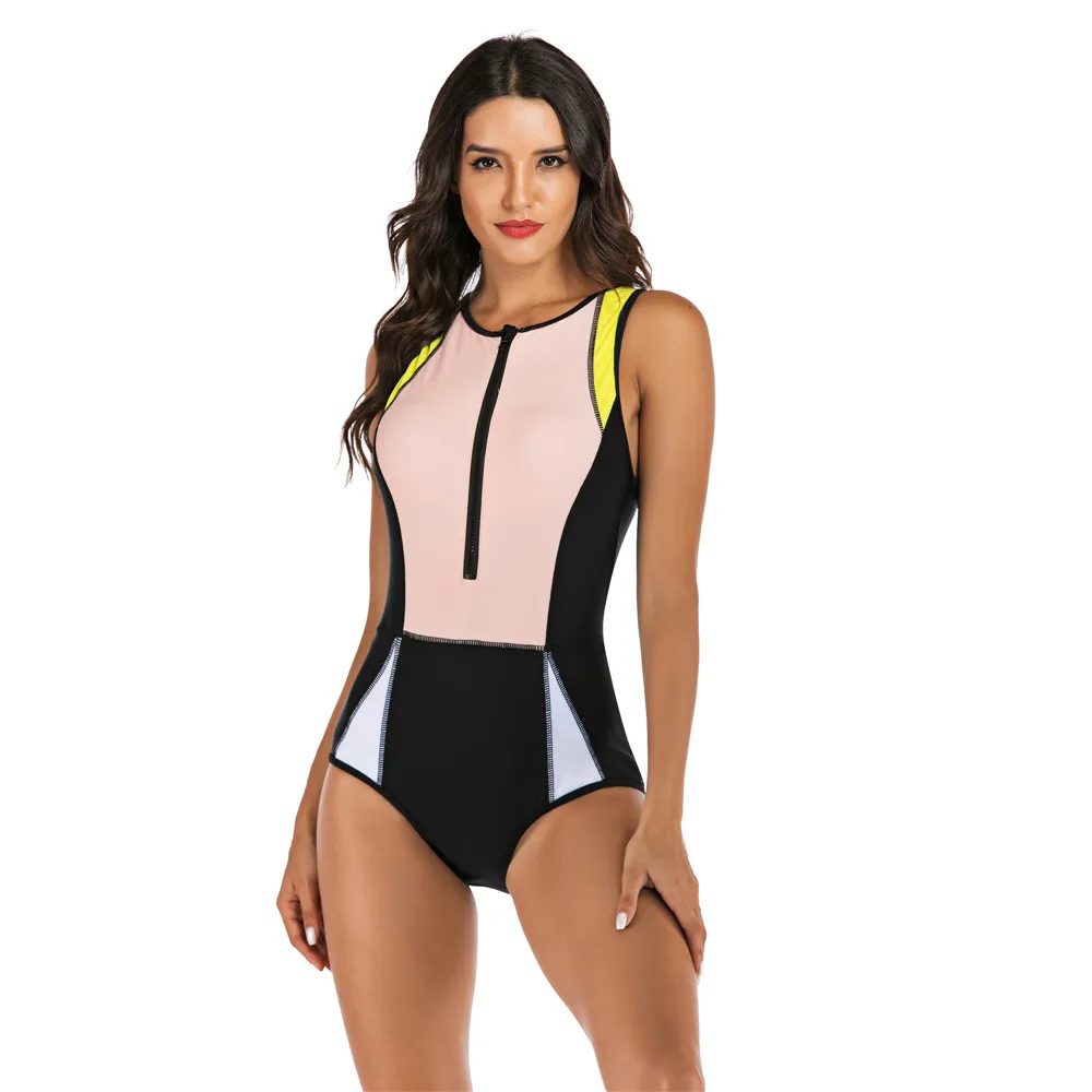  striped print zip front rash guard one piece swimsuit athletic swimwear high ak monani thumb200