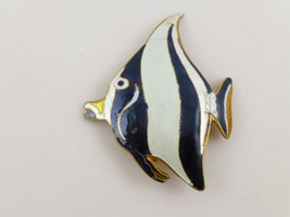 Black White Striped Enamel Longfin BANNERFISH in Yellow Gold Vermeil Pin - $38.50