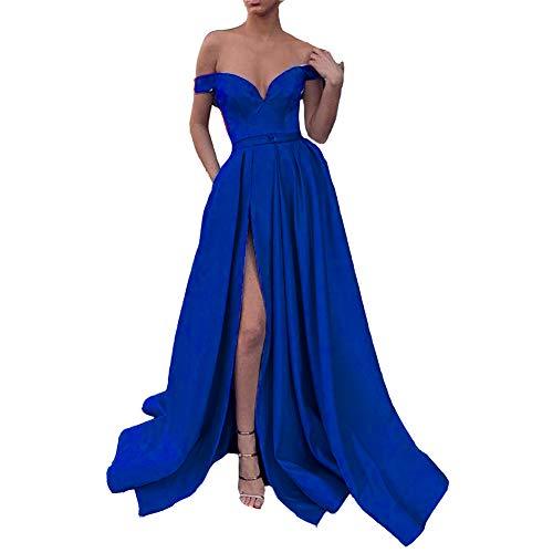 Kivary Plus Size Off The Shoulder High Slit Long Prom Dress with Pockets Royal B