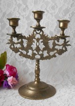 Vintage 3 Arm Candelabra with Etched Dragon Brass Candle Holder - £14.15 GBP