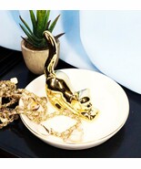 Golden Feline Cat Kitten Ceramic Ring Accessory Jewelry Holder Vanity Di... - $18.99