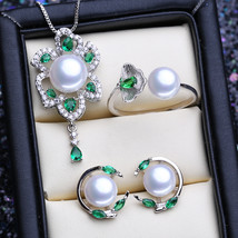 925 Silver Emerald Jewelry Sets Natural  Stud Earrings Big Pendant Necklace Wome - £26.48 GBP