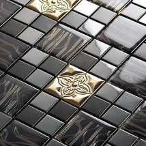 Glass Metal Backsplash Tile French Pattern Black and Gold Bathroom Wall Tiles - £18.94 GBP+