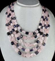 Natural Rose Quartz Iolite Beads Long 5 Line 826 Cts Gemstone Fashion Necklace - £223.60 GBP