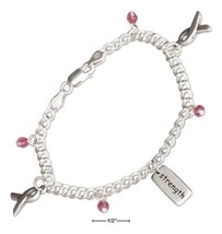 Sterling Silver 7&quot; Breast Cancer Awareness Bracelet with Pink Swarovski Crystals - £92.74 GBP