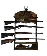 Walnut Wooden 4 Place Wall Gun Rack Black Forest Carved Deer Stag - $299.00