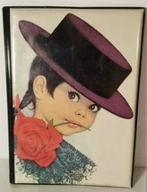 Vintage Art Print Folder 9&quot; X 6&quot; Big Eyed Girl In Spanish Hat &amp; Rose - £10.94 GBP