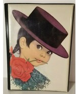 Vintage Art Print Folder 9&quot; X 6&quot; Big Eyed Girl In Spanish Hat &amp; Rose - $13.85